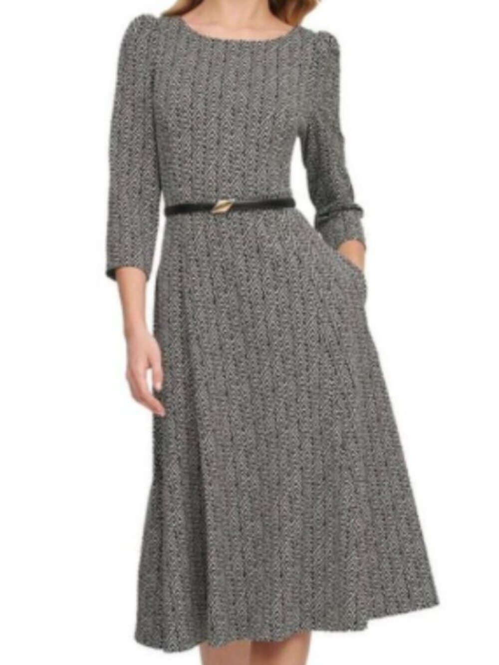 Calvin Klein Black and White Belted Chevron Belted Midi Dress (Sz 16)